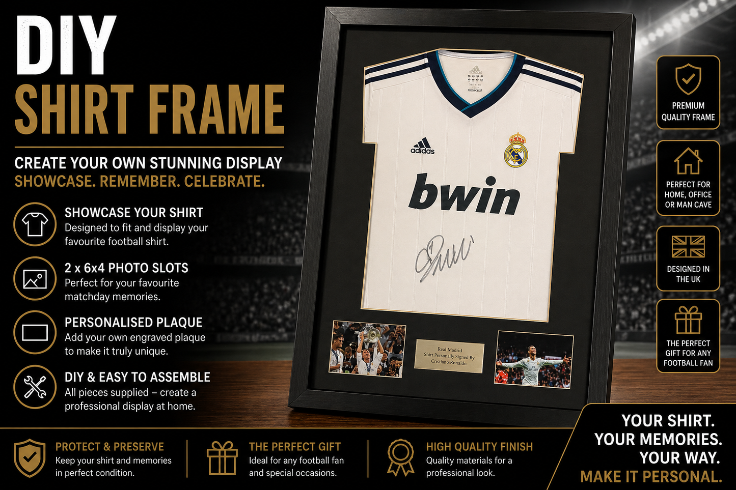 Frame for signed shirt with landscape photo cut out plus plaque