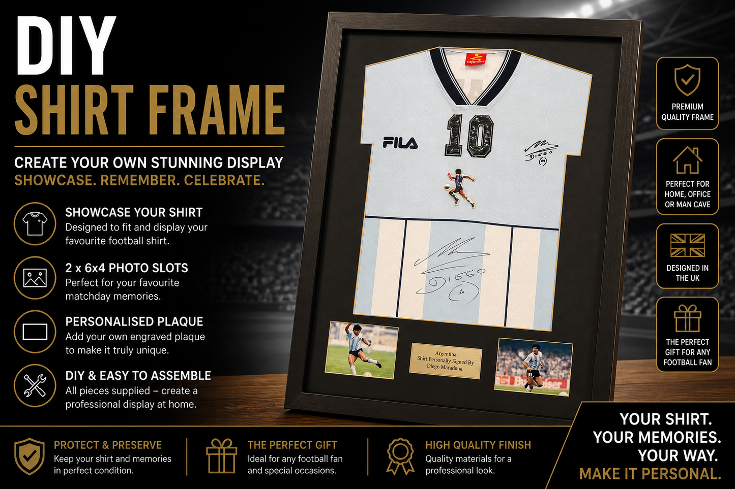 Frame for signed shirt with landscape photo cut out plus plaque