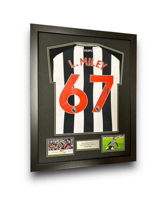 Newcastle United FC Home Shirt 2023-2024 Framed Signed By Lewis Miley