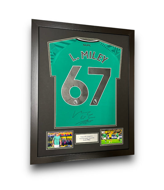 Newcastle United FC Away Green Shirt 2023-2024 Framed Signed By Lewis Miley