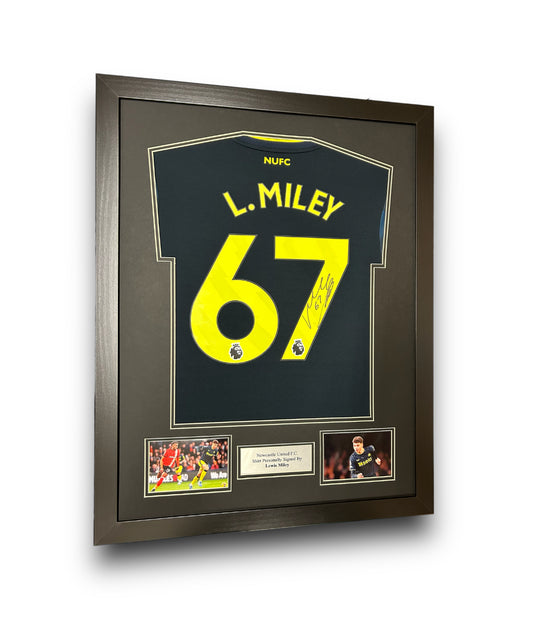 Newcastle United FC Dark Blue Away Shirt 2023-2024 Framed Signed By Lewis Miley