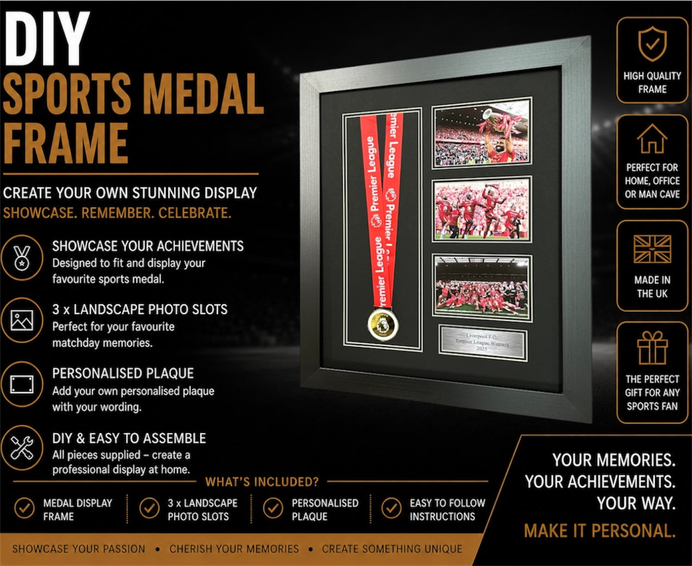DIY FRAME FOR ANY MEDAL WITH 3X LANDSCAPE PHOTOS SLOTS AND PLAQUE