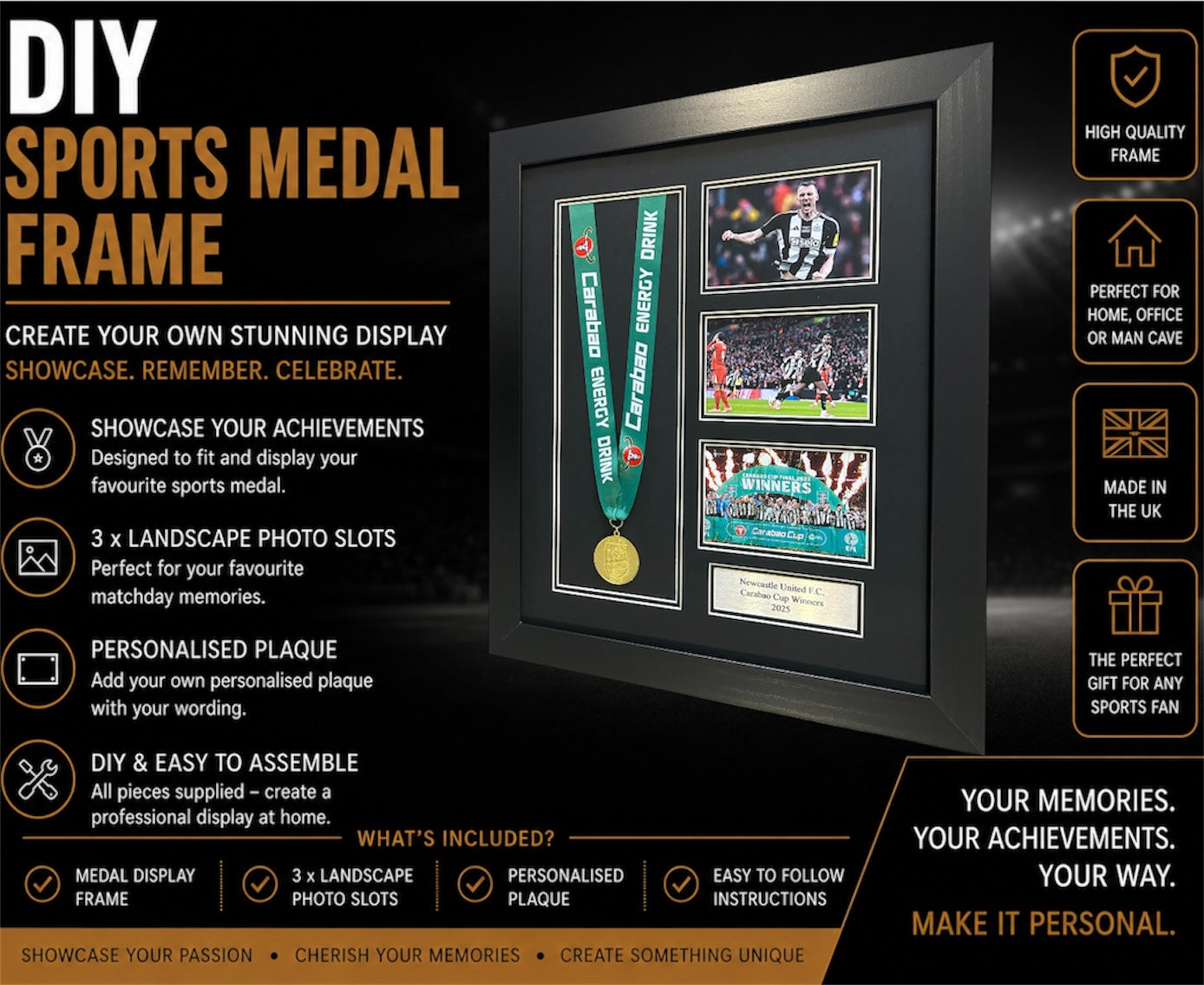 DIY FRAME FOR ANY MEDAL WITH 3X LANDSCAPE PHOTOS SLOTS AND PLAQUE