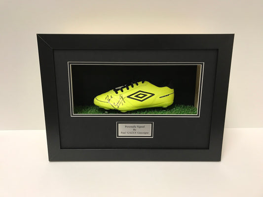 x Frame for signed football boot including plaque and artifical grass