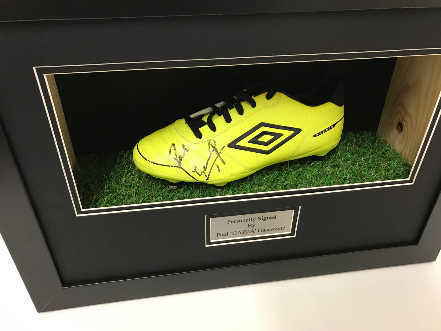 x Frame for signed football boot including plaque and artifical grass