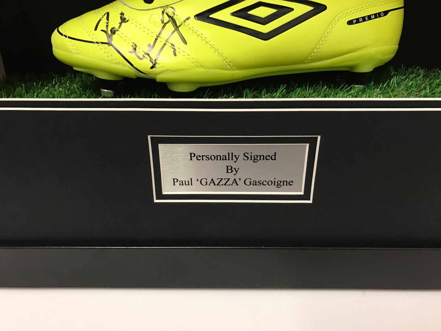 x Frame for signed football boot including plaque and artifical grass