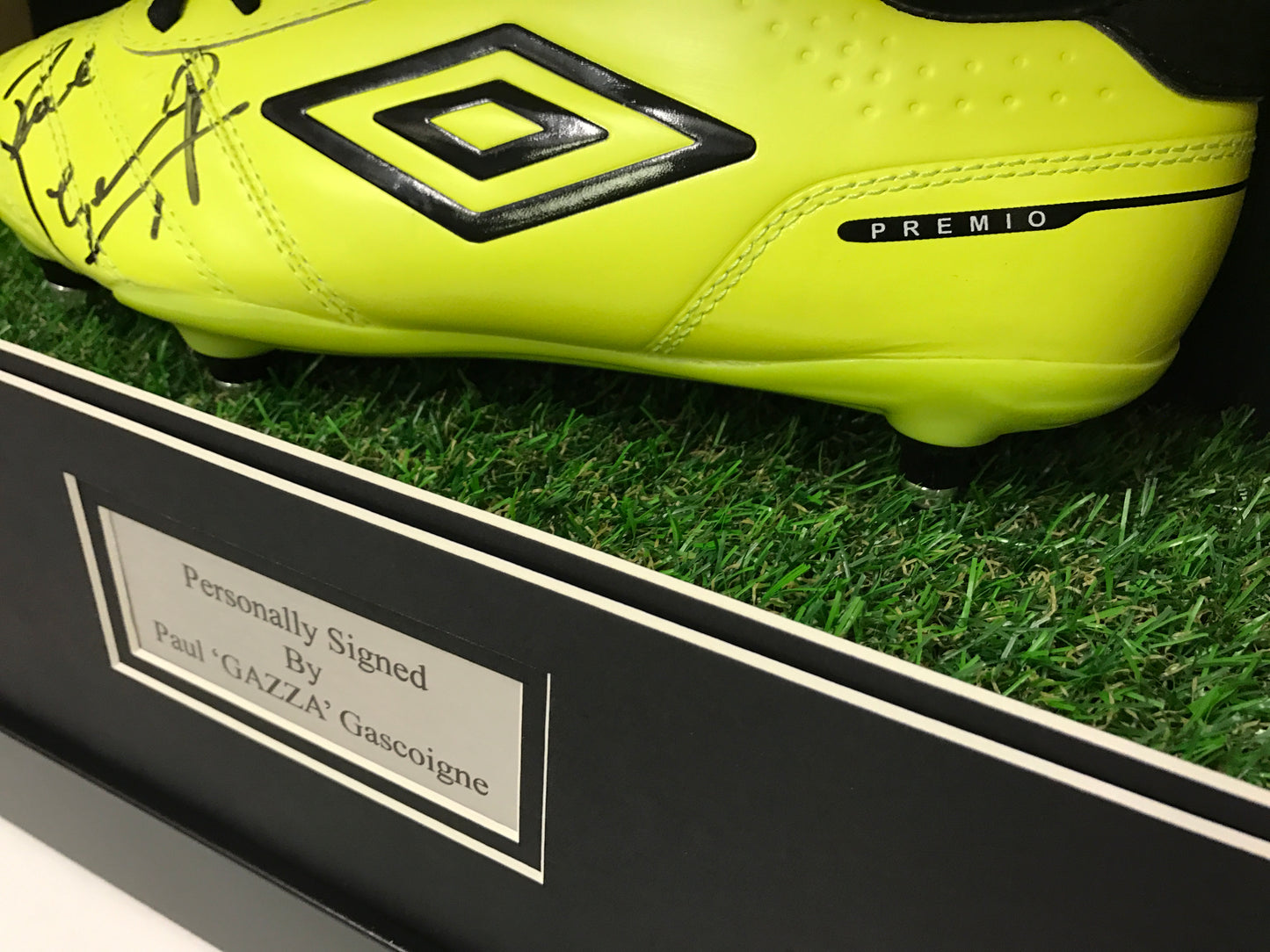 x Frame for signed football boot including plaque and artifical grass