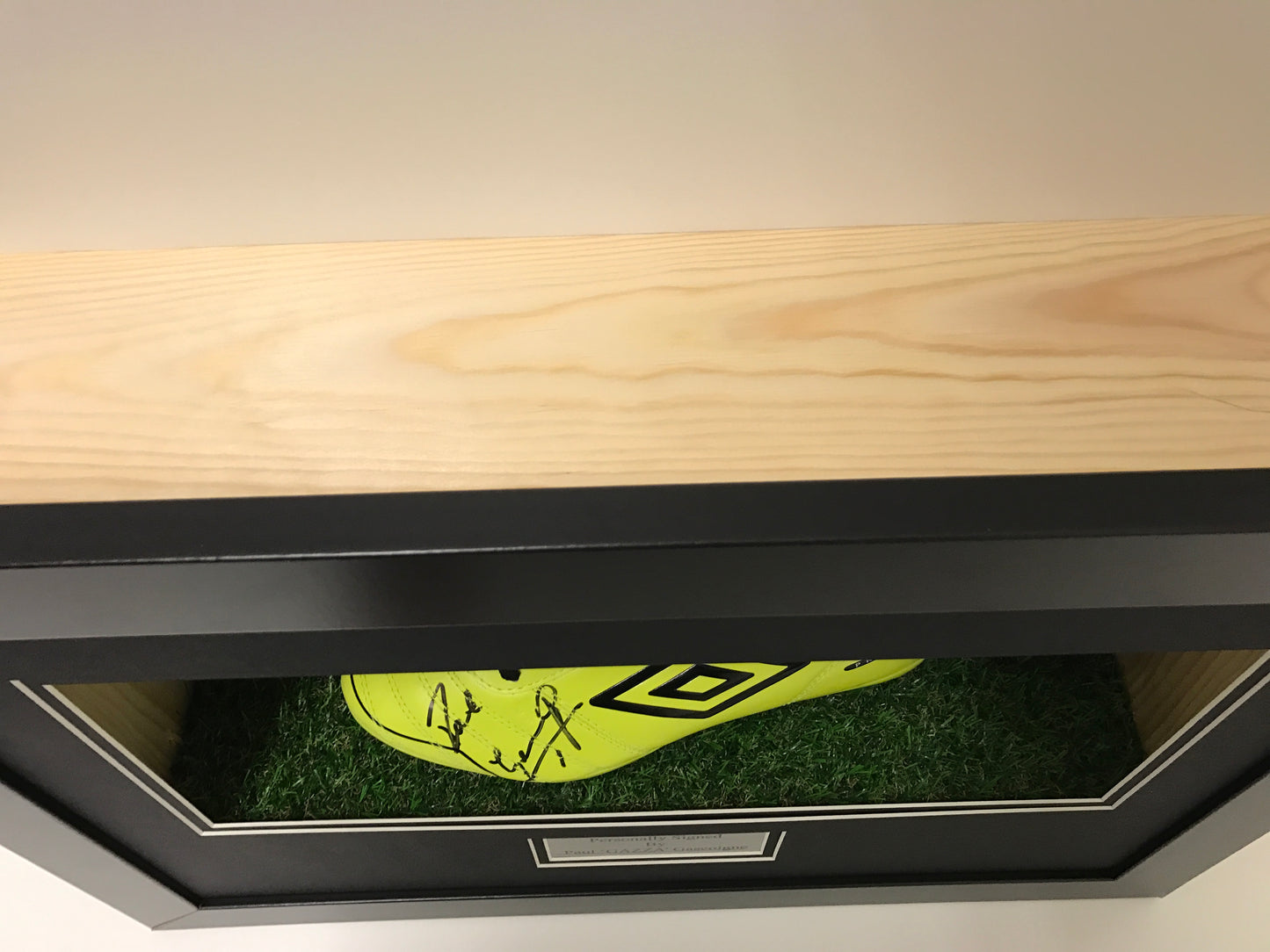 x Frame for signed football boot including plaque and artifical grass