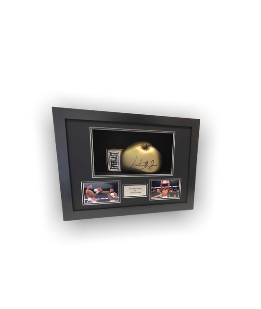 x Frame for signed boxing glove with photo cut outs and plaque