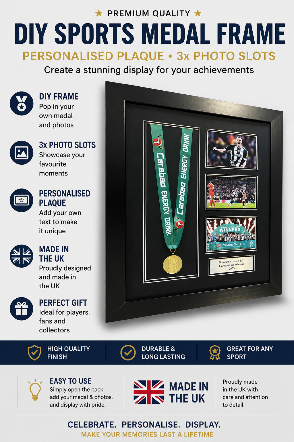 DIY FRAME FOR ANY MEDAL WITH 3X LANDSCAPE PHOTOS SLOTS AND PLAQUE