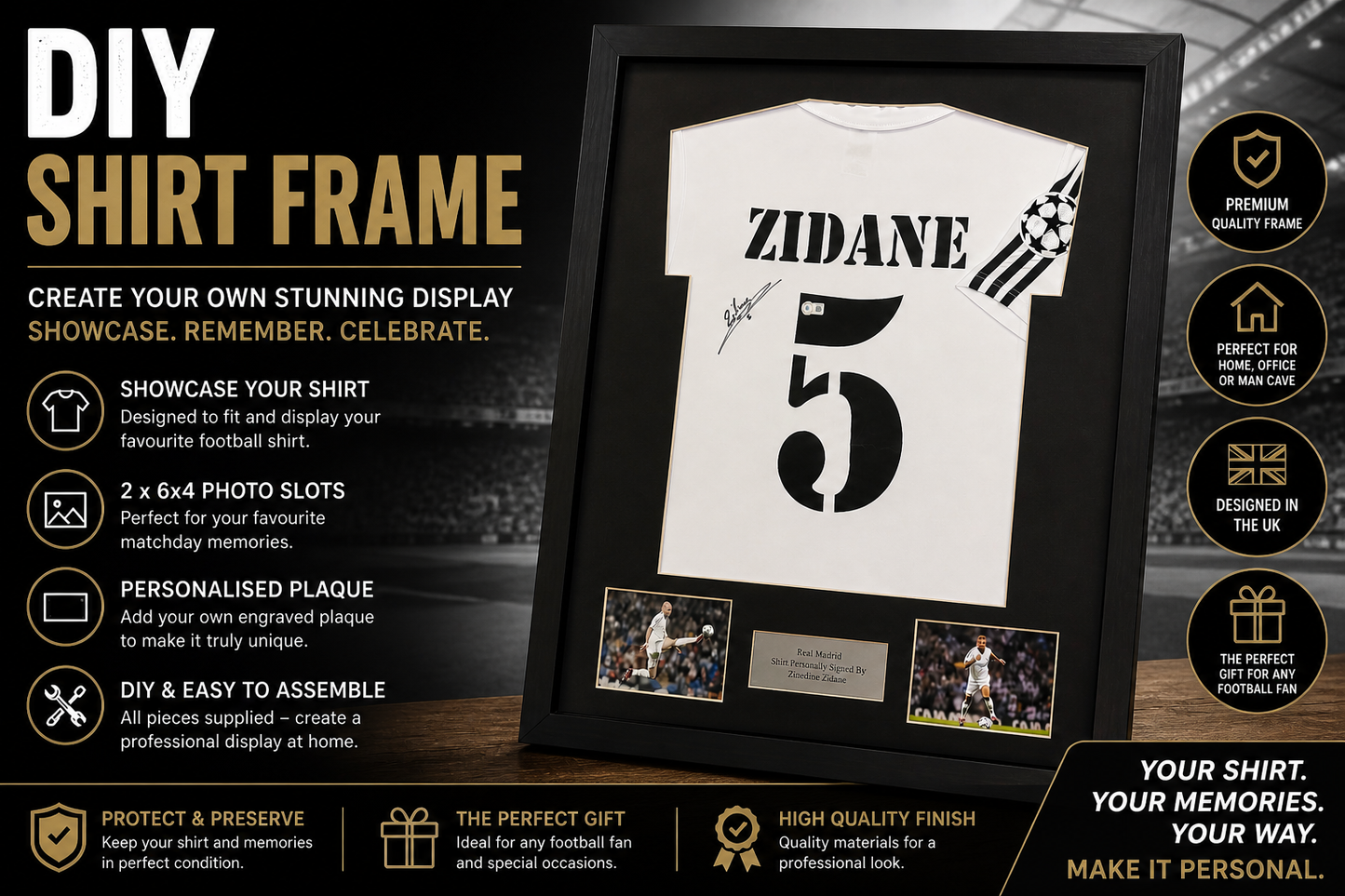 Frame for signed shirt with landscape photo cut out plus plaque