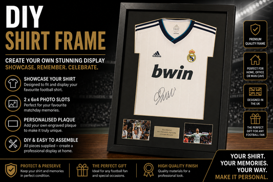 Frame for signed shirt with landscape photo cut out plus plaque