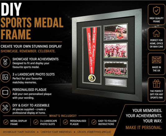 DIY FRAME FOR ANY MEDAL WITH 3X LANDSCAPE PHOTOS SLOTS AND PLAQUE